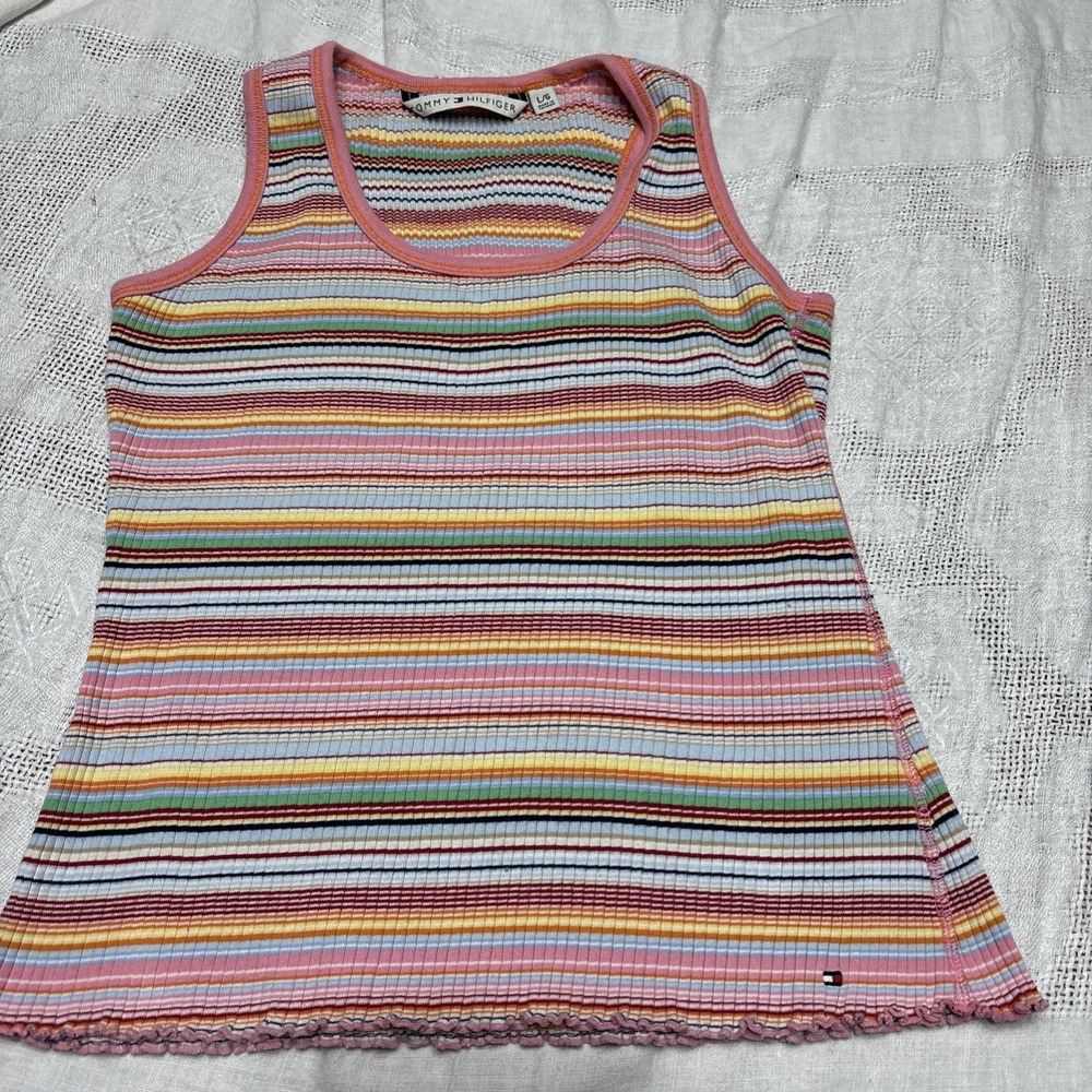 Vtg Tommy Hilfiger Ribbed Tank Top  Blue Pink Pastel Stripe Yellow Large
